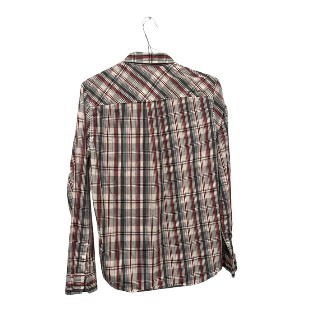 Travis Mathew Men's Medium Cotton Polyester Grey Red Plaid Long Sleeve Shirt EUC